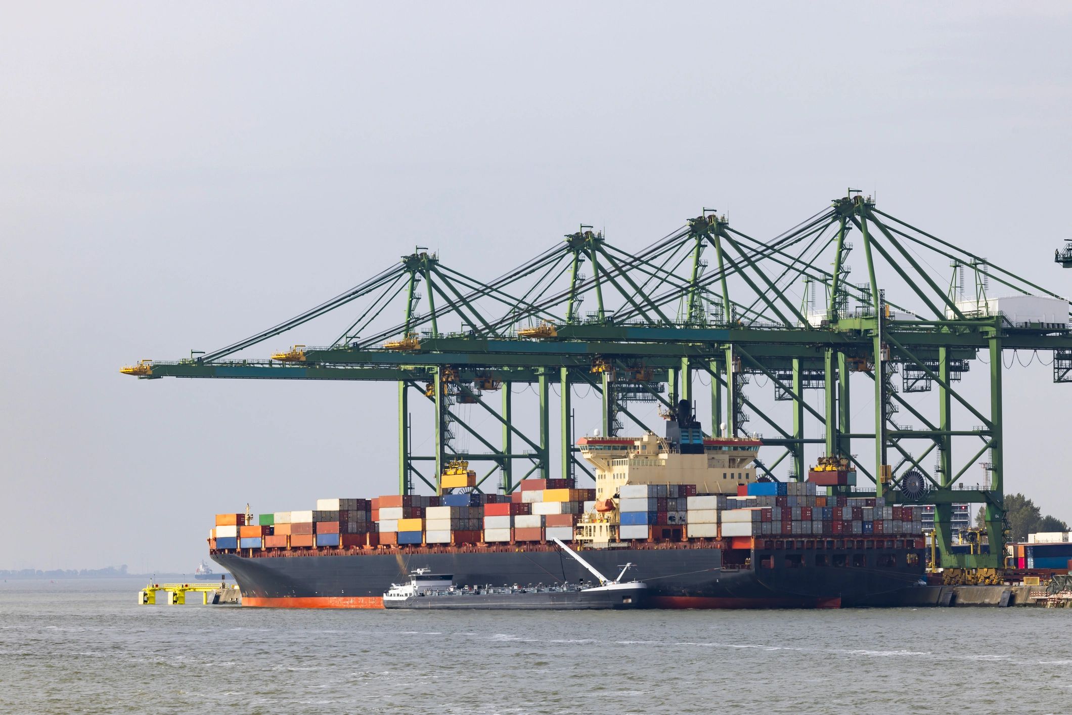 Container ship at port terminal in Belgium